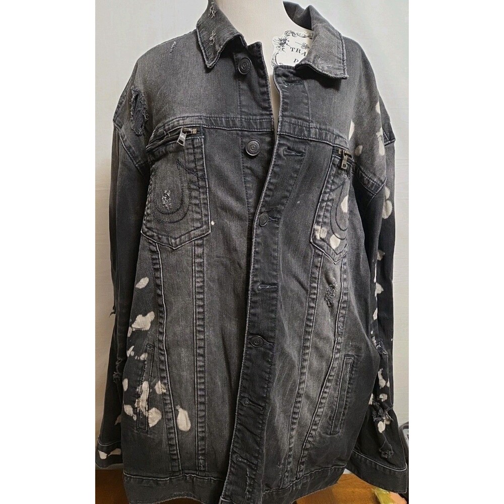 TRUE RELIGION Men's Size L Gray Jean Jacket Distressed Bleached Y2K 2000s Vintag